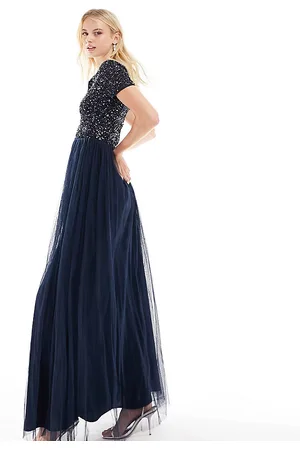 Maya Deluxe Bridesmaid short sleeve maxi tulle dress with tonal delicate sequin in