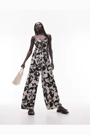 Topshop Printed lace up jumpsuit in mono floral