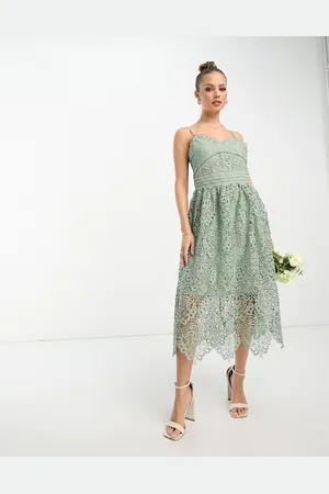 Y.A.S Bridesmaid embroidered strappy midi dress in sage-Green