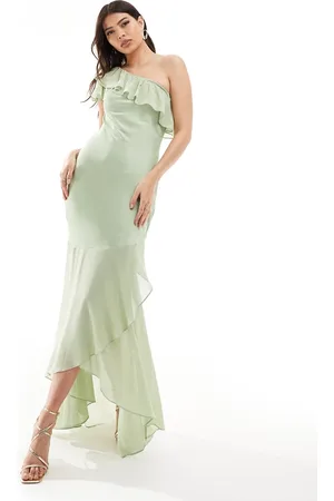 TFNC Bridesmaid satin one shoulder ruffle maxi dress in -Green