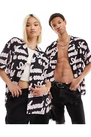 Dr Denim Unisex Madi all over print relaxed fit resort collar shirt in black