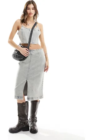 Monki Midi denim skirt in dusty tint (part of a set)-Neutral