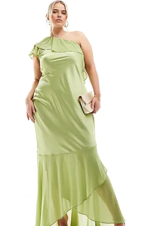 TFNC Bridesmaid satin one shoulder ruffle maxi dress in -Green