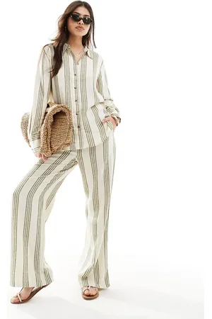 JDY Wide leg linen mix pants in sage and white stripe (part of a set)-Multi