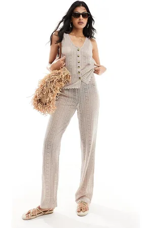 Object Crochet lace tie waist beach pants in cream (part of a set)-White
