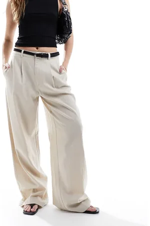 Stradivarius Belted linen mix pants in -Neutral