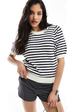 & OTHER STORIES Short sleeve knitted top in blue and white stripes with scallop edge neckline-Multi