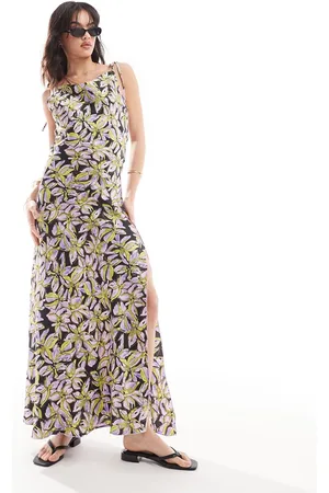 VERO MODA Satin tie shoulder maxi slip dress with seam detail in purple print