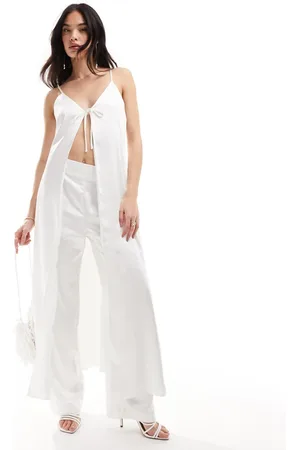 Y.A.S Y.A.S Bridal satin tie front maxi cami top with train in white (part of a set)