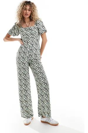 Glamorous Square neck bow tie tea jumpsuit in butterscotch retro ditsy-White