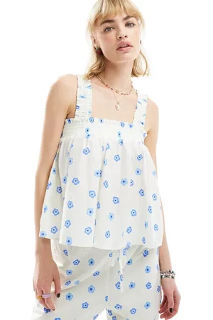 Glamorous Cami smock top in blue ditsy (part of a set)-White