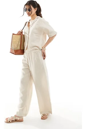 ONLY Linen mix wide leg pants in beige (part of a set)-Neutral