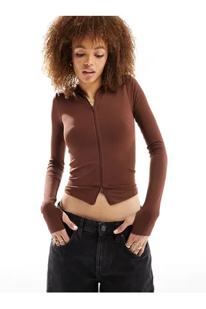 ASOS Seamless sculpting long sleeve zip through top in -Brown