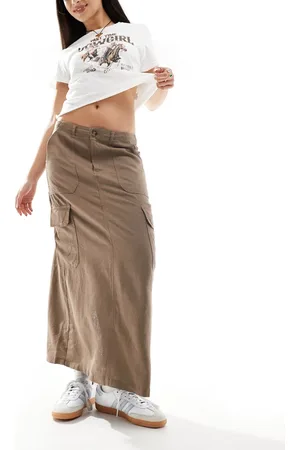 ONLY Linen mix midi cargo skirt in washed brown