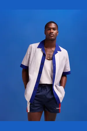 ASOS Short sleeve revere collar linen look colour block shirt in blue (part of a set)