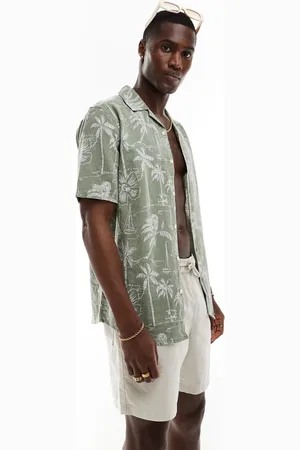 Only & Sons Revere collar linen mix shirt in sage Hawaiian print-Green