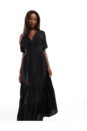 Ax Paris Poplin puff sleeve tiered hem tie back midaxi dress in