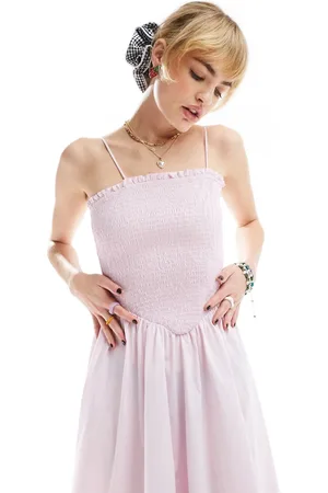 Glamorous Shirred bust midi volume dress in baby pink