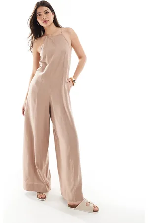 ASOS Racer neck crosshatch linen look jumpsuit in -Neutral