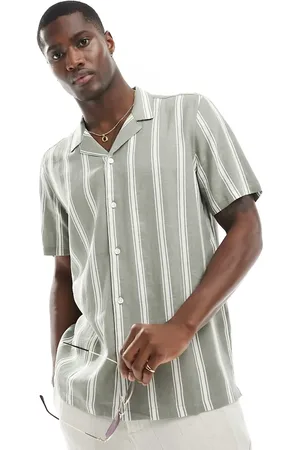 New Look Short sleeved striped linen blend shirt in green