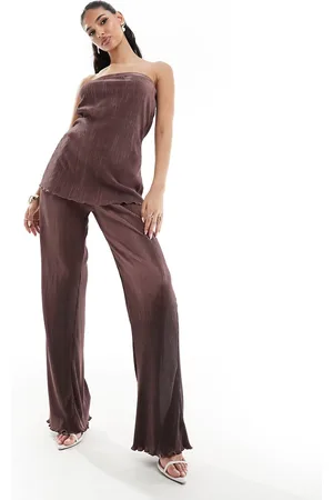 In The Style Plisse wide leg pants in (part of a set)-Brown