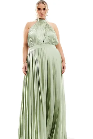 TFNC Bridesmaid satin pleated halter neck maxi dress with full skirt in -Green