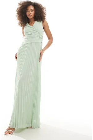 TFNC Bridesmaid chiffon wrap front pleated maxi dress in -Green