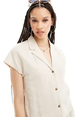 JDY Short sleeve linen shirt in beige (part of a set)-Neutral