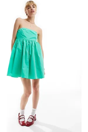 Glamorous Bandeau volume mini smock dress in turquoise green