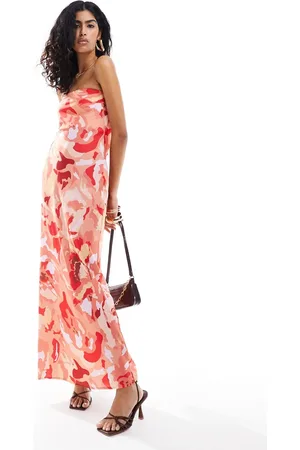 Pretty Lavish Satin bandeau maxi dress in red abstract floral