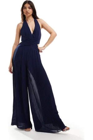 TFNC Bridesmaid chiffon halter neck pleated jumpsuit in -Blue