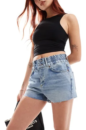 AllSaints Hailey elastic waist denim shorts in light blue wash