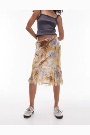 Topshop Satin tie dye 90s length skirt with lace trim detail in