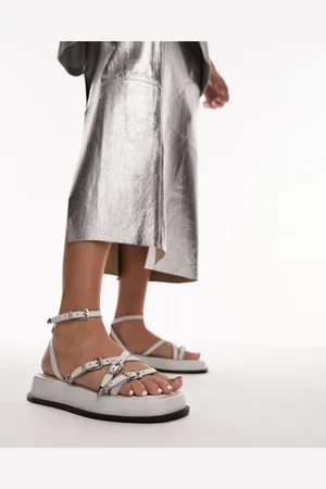 Topshop Kayla leather strappy sandals with buckle detail in -Neutral