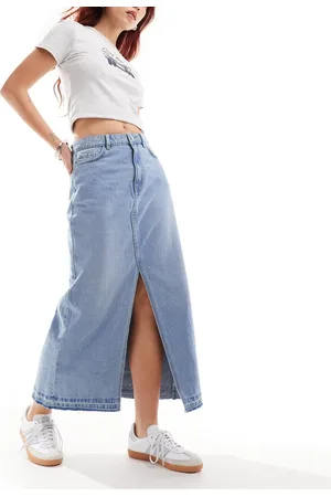 JDY Split front denim maxi skirt in light wash blue
