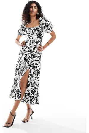 & OTHER STORIES Linen puff sleeve midaxi dress with split in black and white botanical print-Multi