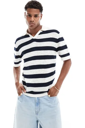 SELECTED Revere collar crochet polo in navy stripe-Multi