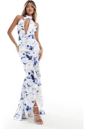 True Violet Plunge halter high low dress in floral-Multi
