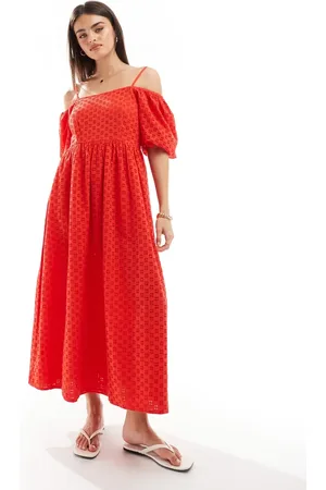 SELECTED Femme broderie maxi dress in red