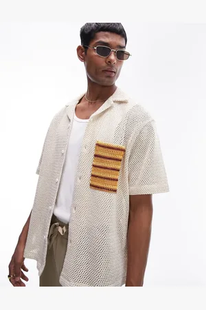Topman Short sleeve crochet pocket shirt in stone