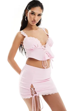 Missyempire Missy Empire tie up plunge lace trim corset top in (part of a set)