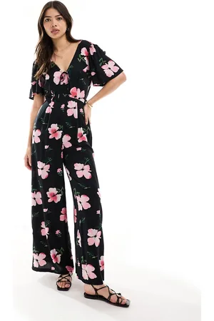 ASOS Spun flutter sleeve wide leg jumpsuit in print-Multi