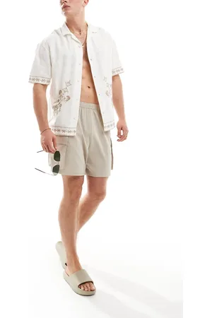 Pull&Bear Embroidered revere neck shirt in -Neutral