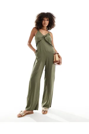 ONLY Strappy frilled wide leg jumpsuit in khaki-Green