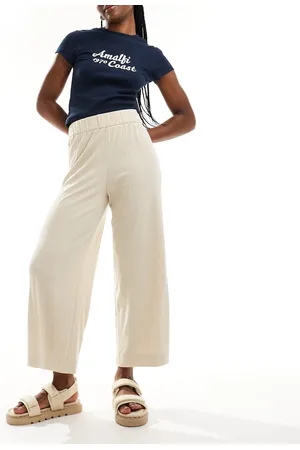 Monki Cilla rib jersey cropped wide leg pants in -Neutral