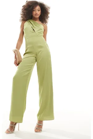 TFNC Bridesmaid satin one shoulder jumpsuit in -Green