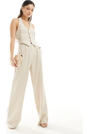 Rare Fashion London linen mix halterneck lace up side detail jumpsuit in -Neutral