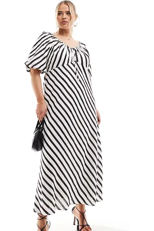Forever New Puff sleeve midaxi dress in brown and cream stripe-Multi