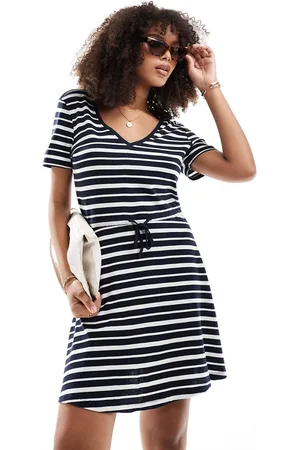 ONLY V neck tie waist mini dress in white navy stripe