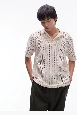 Topman Short sleeve relaxed crochet polo shirt in -Neutral